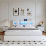 Adwolt lit coffre 160x200 cm, lit double avec usb et type c, lit adulte avec led, rangement t�te de lit, ...