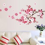 Ahlsen - stickers muraux fleurs de cerisier avec papillons rose rouge (120x50 cm) i sakura vigne floral ...