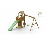 Aire de jeux boomer 3 avec double plateforme, �chelle, toiture, bac � sable, toboggan vert, mur d'escalade ...