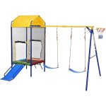 Aire de jeux ext�rieure portique m�tal (336x217x238 cm) tour de jeux avec toboggan, trampoline, balan�oire ...