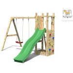 Aire de jeux funny 3 avec chelle, bac  sable, toboggan vert, mur d'escalade et balanoire 2 siges ...