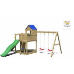 Aire de jeux treehouse avec grande plateforme, rampe d'accs avec corde, mur d'escalade, cabane, toiture, ...