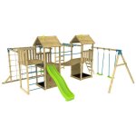 Aire de jeux xxl cam�l�e skywood : toboggan, tyrolienne, double tour, pont de singe, balan�oires, filet, ...