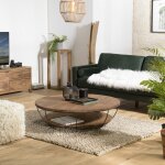 Macabane - sixtine - table basse coque ronde 120x120cm double plateau teck recycl mtal noir