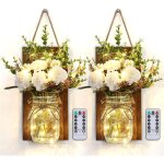 Appliques murales mason jar, d�coration murale de chambre rustique avec 2 t�l�commande minuterie fleurs ...