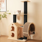 Arbre � chat en bois avec roue d?exercice, 4 plateformes, 2 niches, poteaux en sisal, tapis lavables ...