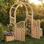 Arche de jardin en bois avec portail et avec 2 jardini�res, treillis pour plantes grimpantes, pergola ...