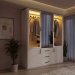 Armoire 130x51. 8x181. 5 cm - garde - robe 3 portes avec led, miroir & 3 tiroirs - mdf & acrylique, blanc ...