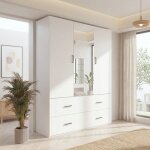 Armoire blanche avec miroir et penderie, garde - robe 2 portes 4 tiroirs, dressing rangement moderne, ...