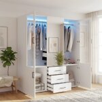 Armoire blanche avec miroir de plain - pied et penderie, garde - robe 2 portes vitr�es et 2 portes, dressing ...