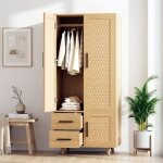 Armoire de chambre en bois ch�ne avec portes en rotin tress� - garde - robe 2 tiroirs et poign�es m�tal ...