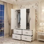 Armoire de chambre en bois massif blanc - 2 portes avec miroir et 4 tiroirs - penderie style scandinave, ...