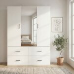 Armoire chambre miroir blanche, bois, penderie adulte 130x51. 8x181. 5 cm avec 2 portes et 4 tiroirs, ...