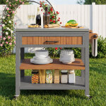 Armoire de jardin mobile sur roulettes 80x51x91, 5 cm - station barbecue avec plan de travail inox, tiroir, ...