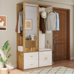 Armoire avec miroir, rangement pour chaussures, banc avec pat�res et penderie escamotable, blanc et bois, ...