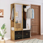Armoire avec miroir, rangement pour chaussures, banc avec pat�res et penderie escamotable, noir et bois, ...