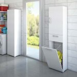 Colonne de salle de bain 45x32xh195cm ? panier � linge en m�tal ? tiroir avec guides m�talliques t�lescopiques ...