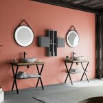 Armoire de toilette industrielle 2 supports m�talliques, lavabo � poser, miroir rond lagos