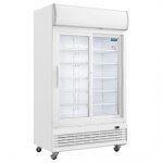 Armoire ventil�e positive 950 litres, 2 portes vitr�es coulissantes, avec caisson lumineux, blanche, ...