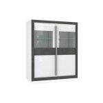 Armoire vitrine 2 portes blanc laqué décor gris béton et led - calvi Armoire vitrine 2 portes blanc laqué décor gris béton et led - calvi