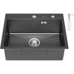 Vier cuisine 1 bac gris fonc / anthracite 55x45x19cm vier inox avec siphon et trop plein, vier montage ...