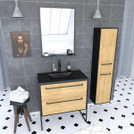 Aurlane - ensemble meuble de salle de bain blanc 80cm + vasque noir effet pierre + miroir + colonne rangement ...