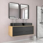 Meuble de salle de bains 120 cm - 2 vasques rectangles - 2 miroirs led - chene naturel et noir mat