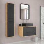 Meuble salle de bains 80 cm, vasque carre, miroir et colonne - chne naturel et noir - uby