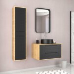 Meuble salle de bains 80 cm, vasque ronde, miroir et colonne - chêne naturel et noir - uby Meuble salle de bains 80 cm, vasque ronde, miroir et colonne - chêne naturel et noir - uby