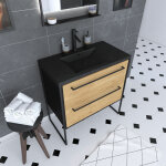 Aurlane - meuble de salle de bain 80x50 cm noir mat - 2 tiroirs chne brun - vasque rsine noir effet ...