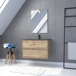 Aurlane - meuble salle de bain 80x54 - finition chene naturel + vasque noire + miroir led - timber 80 ...