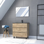Meuble salle de bains 80cm dcor chene naturel 3 tiroirs - vasque noire et miroir led - timber