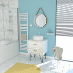 Meuble salle de bain scandinave blanc 60 cm sur pieds avec tiroir, vasque a poser et miroir rond