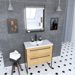 Aurlane - pack meuble sdb 80cm sur pieds 2 tiroirs chene - vasque resine blanche + miroir led