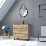 Aurlane - pack meuble sdb 80cm sur pieds 3 tiroirs chenevasque noire + miroir barber - timber 80pack44 ...