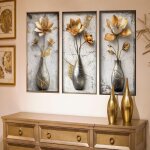 Autocollants muraux 3d en forme de vase floral dor� � d�coller et � coller pour salon, chambre � coucher, ...