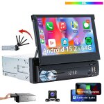 Autoradio 1 din 7 pouces rabattable android 15 carplay gps wifi fm bt - 2 + 64g cam