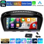 Autoradio apple carplay android 14 pour bmw s�rie 5 e60 e61 e90 gps bt wifi - 6 + 128g mic dab +