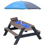Nick table sable et eau / pique nique avec parasol en bois gris 95 x 97 x 48 cm avec couvercle, botes ...