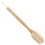 Bamboo body brush with stiff and soft natural bristles, back scrubber for shower with long handle, double ...