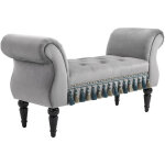 Banc banquette capitonn�e design accoudoirs courb�s pompons pieds bois h�v�a rev�tement velours gris