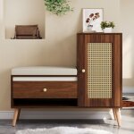 Banc d?entr�e en rotin avec meuble � chaussures et coussin d?assise, tiroirs et niches ouvertes, 1 porte, ...