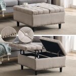 Banquette 75x75x41cm avec grand coffre de rangement - banc rembourr� design carr� - lin - beige