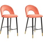 Beliani - 2 tabourets chaises hautes de bar en velours rouge corail pieds noirs et dorés design et confort ... Beliani - 2 tabourets chaises hautes de bar en velours rouge corail pieds noirs et dorés design et confort ...