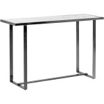 Console rectangulaire plateau effet marbre blanc et verre tremp pieds argents en acier plano
