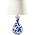 Lampe  poser de table en porcelaine abat - jour tambour en lin base florale clairage bleu et blanc ...