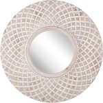 Miroir mural déco de forme ronde 60 cm avec cadre bois de sapin clair avec ornements blancs pour entrée ... Miroir mural déco de forme ronde 60 cm avec cadre bois de sapin clair avec ornements blancs pour entrée ...