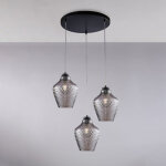 Belight - suspension maya fer noir, c�bles r�glables, verre souffl� miroir gris d�cor en relief, 3 lumi�res, ...