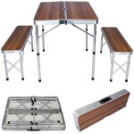 Bigb - table de camping alu couleurs bois pliante en valise + 2 bancs - 90 cm