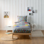 Bleu calin - caradou parure de lit enfant grise avec couette motif toiles stars 90x190cm
